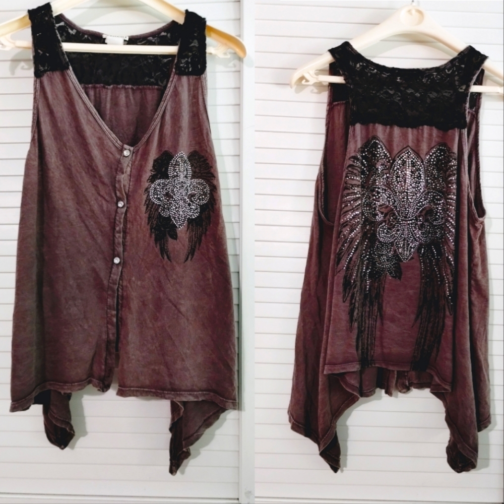 Y2K NorCal  Button Down Purple  Black Lace Angel Wings w Bling Detail Slouch Top